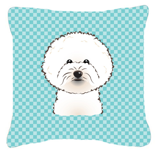 Checkerboard Blue Bichon Frise Fabric Decorative Pillow- 14 x 14 In.