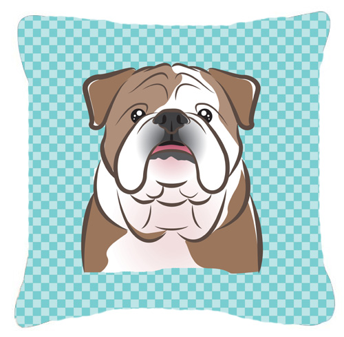 Checkerboard Blue English Bulldog Fabric Decorative Pillow, 14 x 14 In.