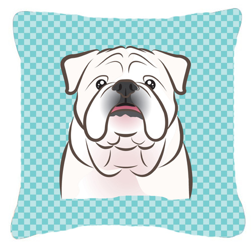 Checkerboard Blue White English Bulldog Fabric Decorative Pillow- 14 x 14 In.