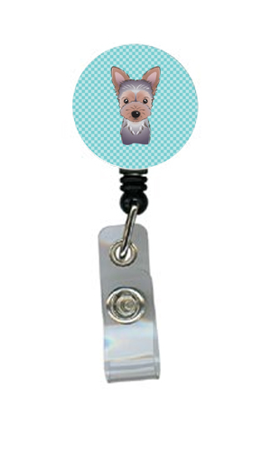 Checkerboard Blue Yorkie Puppy Retractable Badge Reel