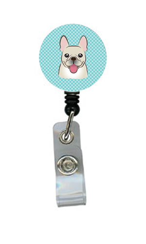 Checkerboard Blue French Bulldog Retractable Badge Reel