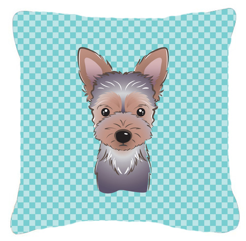 Checkerboard Blue Yorkie Puppy Fabric Decorative Pillow- 14 x 14 In.