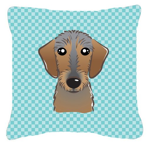 Checkerboard Blue Wirehaired Dachshund Fabric Decorative Pillow- 14 x 14 In.