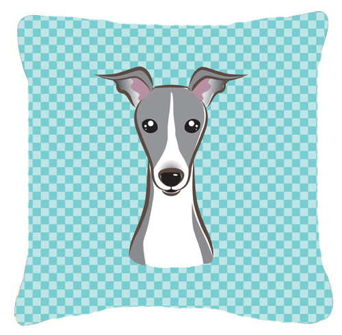 Checkerboard Blue Italian Greyhound Fabric Decorative Pillow- 14 x 14 In.