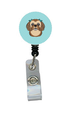 Checkerboard Blue Chocolate Brown Shih Tzu Retractable Badge Reel