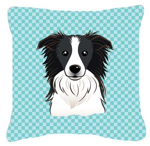 Checkerboard Blue Border Collie Fabric Decorative Pillow- 14 x 14 In.