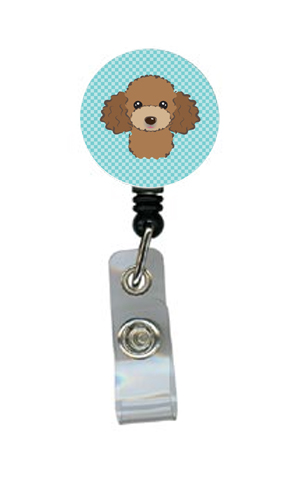 Checkerboard Blue Chocolate Brown Poodle Retractable Badge Reel