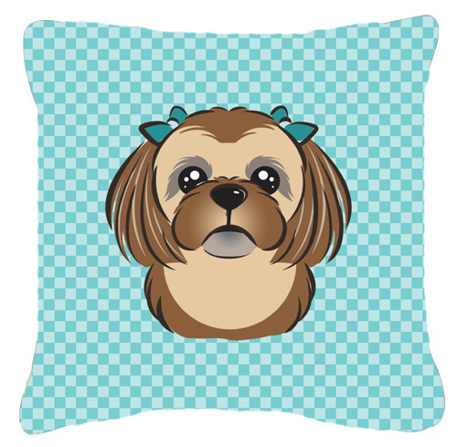 BB1187PW1414 Checkerboard Blue Chocolate Brown Shih Tzu Fabric Decorative Pillow- 14 x 14 In.