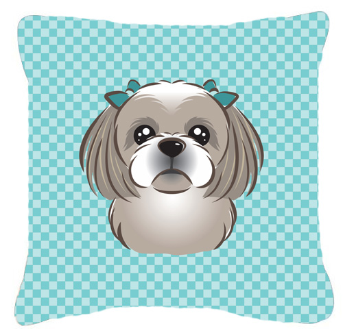 Checkerboard Blue Gray Silver Shih Tzu Fabric Decorative Pillow- - 14 x 14 In.