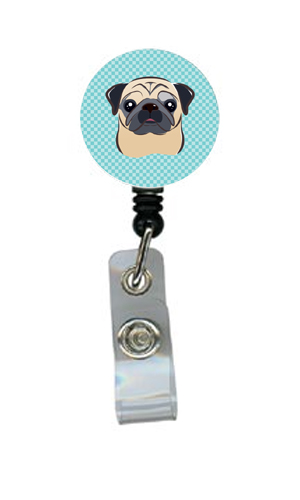 Checkerboard Blue Fawn Pug Retractable Badge Reel