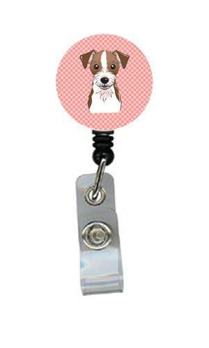 Checkerboard Pink Jack Russell Terrier Retractable Badge Reel