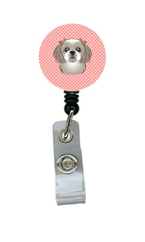 Checkerboard Pink Gray Silver Shih Tzu Retractable Badge Reel