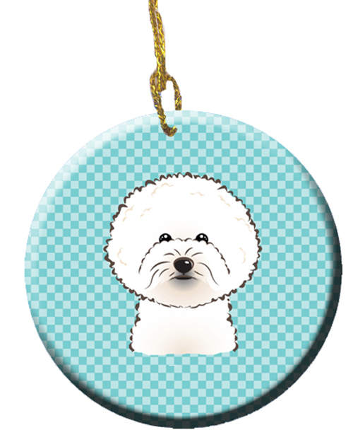 Checkerboard Blue Bichon Frise Ceramic Ornament, 2.81 In.