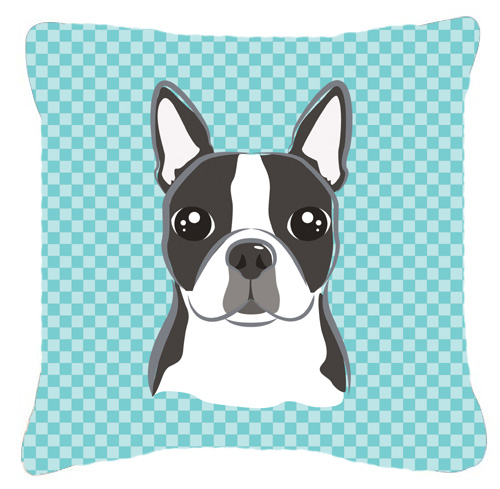 Checkerboard Blue Boston Terrier Fabric Decorative Pillow, 18 x 18 In.