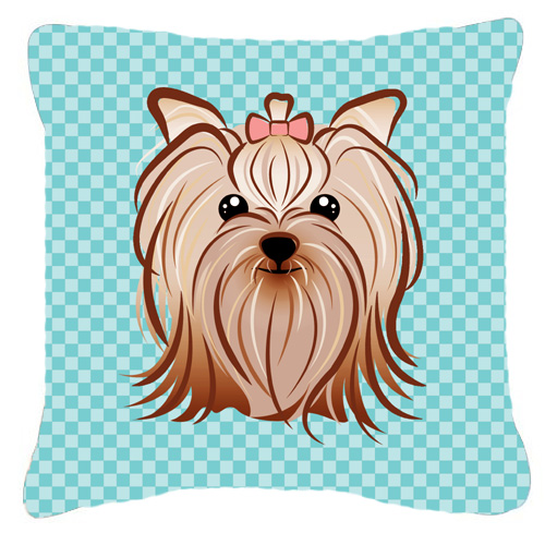Checkerboard Blue Yorkie Yorkishire Terrier Fabric Decorative Pillow- - 18 x 18 In.