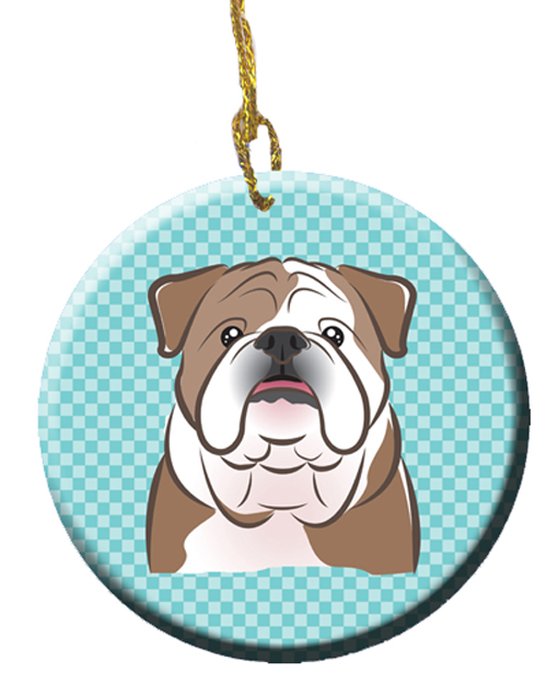 Checkerboard Blue English Bulldog Ceramic Ornament, 2.81 In.