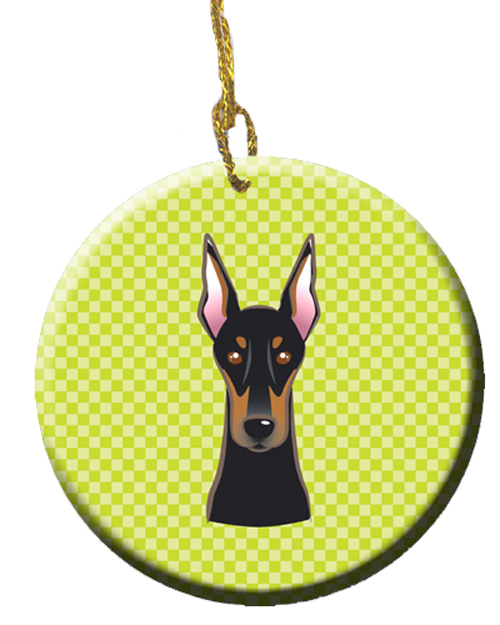 Checkerboard Lime Green Doberman Ceramic Ornament, 2.81 In.