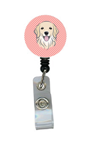 Checkerboard Pink Golden Retriever Retractable Badge Reel