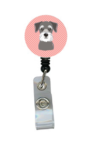 Checkerboard Pink Schnauzer Retractable Badge Reel