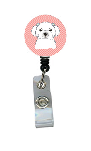 Checkerboard Pink Maltese Retractable Badge Reel