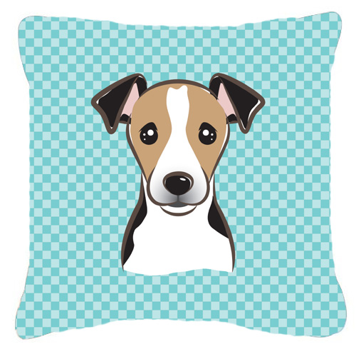 Checkerboard Blue Jack Russell Terrier Fabric Decorative Pillow 14 x 14 In.