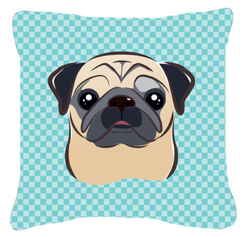 Checkerboard Blue Fawn Pug Fabric Decorative Pillow- 14 x 14 In.