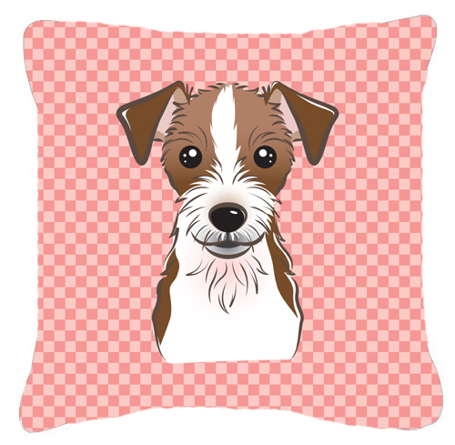 BB1202PW1414 Checkerboard Pink Jack Russell Terrier Fabric Decorative Pillow- 14 x 14 In.