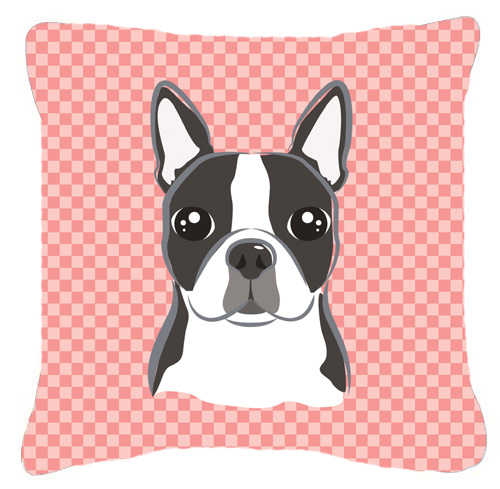 Checkerboard Pink Boston Terrier Fabric Decorative Pillow- 14 x 14 In.