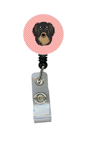 Checkerboard Pink Longhair Black And Tan Dachshund Retractable Badge Reel