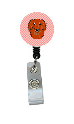 Checkerboard Pink Longhair Red Dachshund Retractable Badge Reel