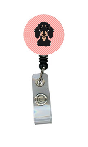 Checkerboard Pink Smooth Black And Tan Dachshund Retractable Badge Reel