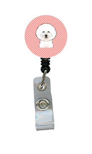 Checkerboard Pink Bichon Frise Retractable Badge Reel