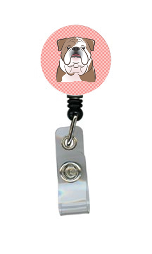 Checkerboard Pink English Bulldog Retractable Badge Reel