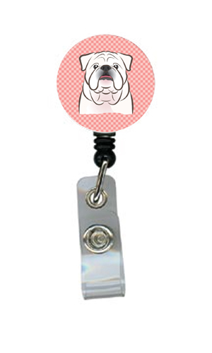 Checkerboard Pink White English Bulldog Retractable Badge Reel