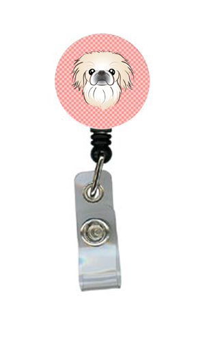 Checkerboard Pink Pekingese Retractable Badge Reel