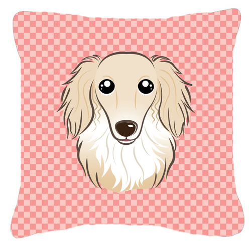 Checkerboard Pink Longhair Creme Dachshund Fabric Decorative Pillow