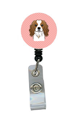 Checkerboard Pink Cavalier Spaniel Retractable Badge Reel