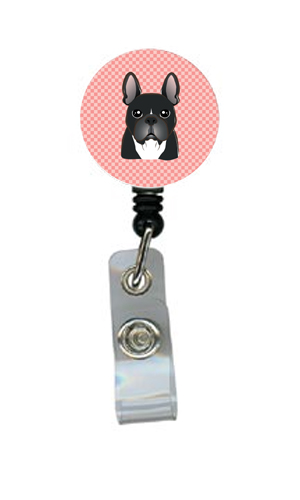 Checkerboard Pink French Bulldog Retractable Badge Reel