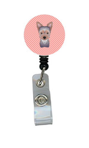 Checkerboard Pink Yorkie Puppy Retractable Badge Reel