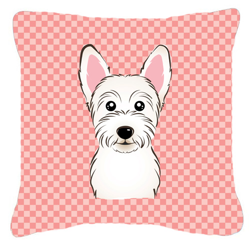 Checkerboard Pink Westie Fabric Decorative Pillow- 14 x 14 In.