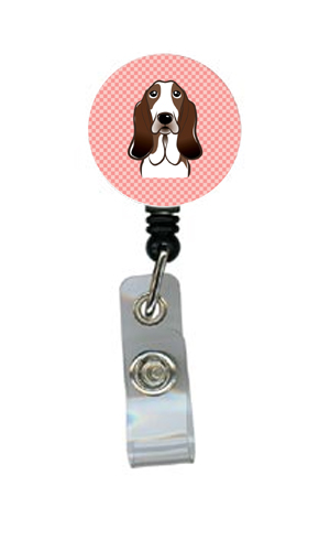 Checkerboard Pink Basset Hound Retractable Badge Reel