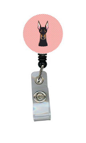 Checkerboard Pink Doberman Retractable Badge Reel