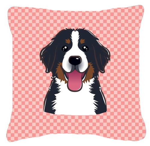 BB1237PW1414 Checkerboard Pink Bernese Mountain Dog Fabric Decorative Pillow- 14 x 14 In.