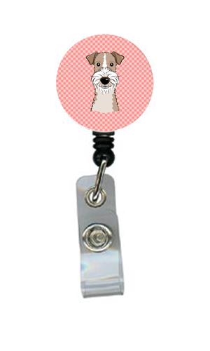 Checkerboard Pink Wire Haired Fox Terrier Retractable Badge Reel
