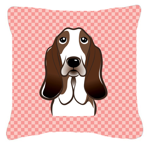 Checkerboard Pink Basset Hound Fabric Decorative Pillow- - 14 x 14 In.