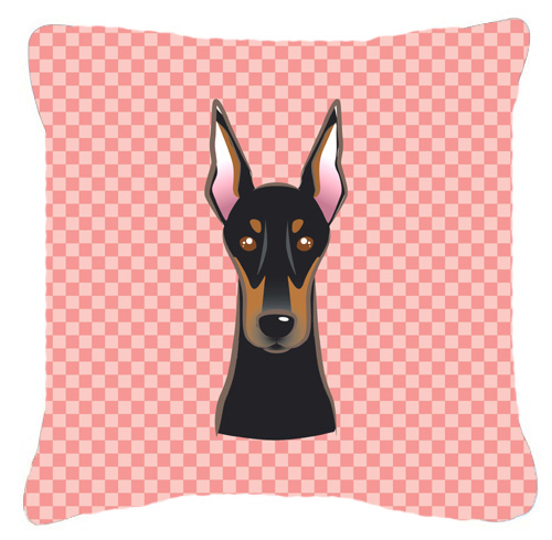 Checkerboard Pink Doberman Fabric Decorative Pillow- - 14 x 14 In.