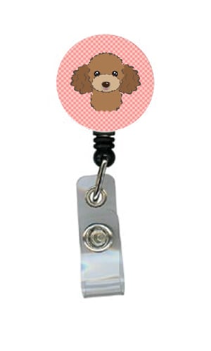 Checkerboard Pink Chocolate Brown Poodle Retractable Badge Reel