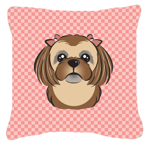 BB1249PW1414 Checkerboard Pink Chocolate Brown Shih Tzu Fabric Decorative Pillow- 14 x 14 In.