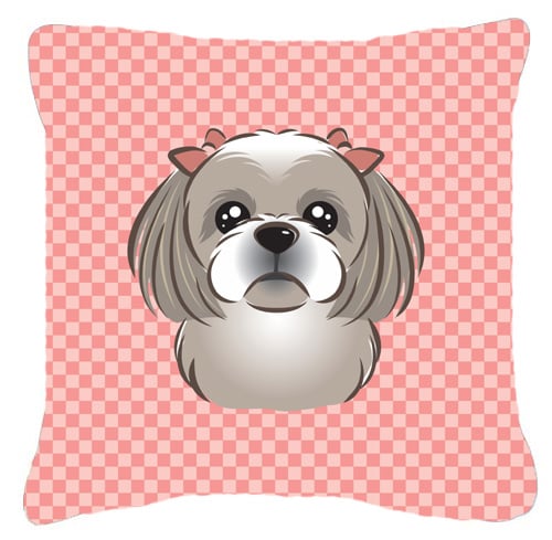 Checkerboard Pink Gray Silver Shih Tzu Fabric Decorative Pillow, 14 x 14 In.
