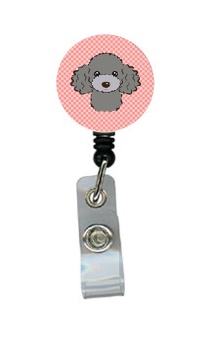 Checkerboard Pink Silver Gray Poodle Retractable Badge Reel